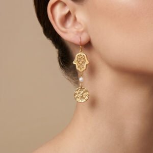 Golden Hamsa Pearl Drop Earring